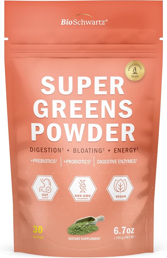 Super Greens Powder with Probiotics, Prebiotics, Digestive Enzymes | 43 Green Superfoods - Chlorophyll, Bilberry, Chlorella, Spirulina - Delicious Flavor - BioSchwartz, Non-GMO, 30 Servings