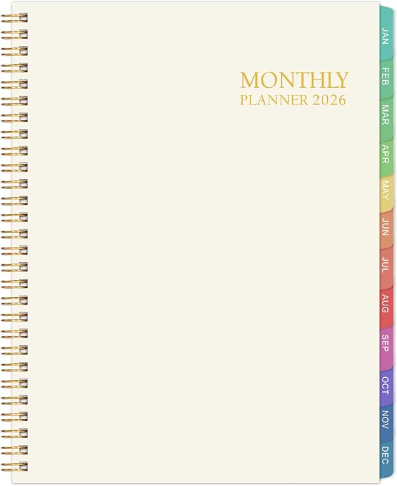 2026 Monthly Planner - Monthly Calendar 2026, 8'' x 10'', Transparent PP Cover, Colorful 12 Months Tabs, JAN 2026-DEC 2026, 2026 Calendar Planner with 2-Sides Pockets - Off white