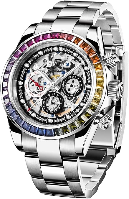 HaiQin Pagani Design 1653 Skeleton Automatic Watches for Men, Diamond Bezel Stainless Steel 100M Waterproof Self Winding Stylish Casual Wrist Watch