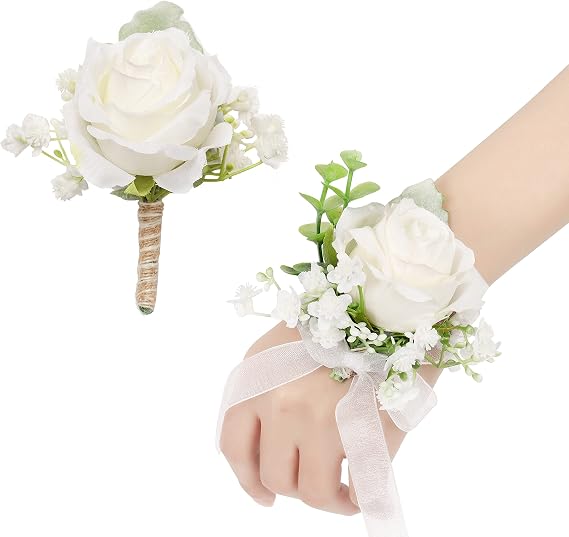 Ivory Rose Wrist Corsage and Men Boutonniere Set, Prom Flower Wrist Corsage Bracelets, Homecoming Corsage Wristlet for Wedding Accessories Prom Suit Decorations