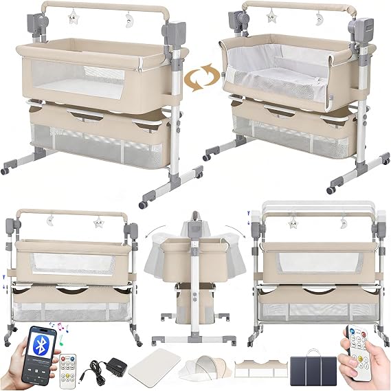 Nine point nine Electric Bluetooth Smart Baby Bedside Next to Me Crib, Multifunctional Co-Sleeping Bassinet Cot, Toddler Bedside Sleeper, Foldable Convertible Cradle 5 Swaying Gears (601 Beige)