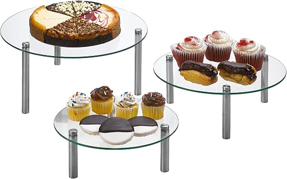 3 Tier Round Tempered Glass Display Stand 9, 11, 13 for Cake, Cupcakes, Desserts, Bakery, Appetizers Set of 3 Glass Retail Display Raiser. (Clear)