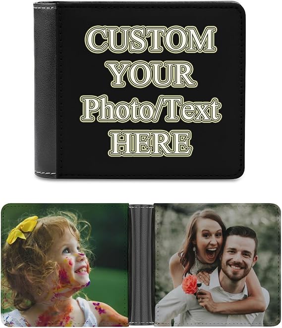 Custom Leather Wallets for Men Personalized Photo Wallet Design Your Picture Text Name Birthday Father's Day Gifts for Dad Husband Boyfriend (Double-sided Design)