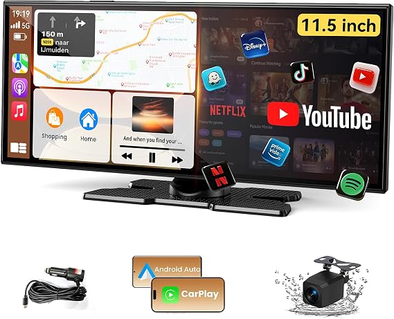 11.5 '' Wireless CarPlay Screen for Car, A-pple CarPlay & Android Auto HD Touchscreen/1080P Backup Camera/Navigation/Bluetooth/Voice Control/FM/Mirror Link,for All Vehicles