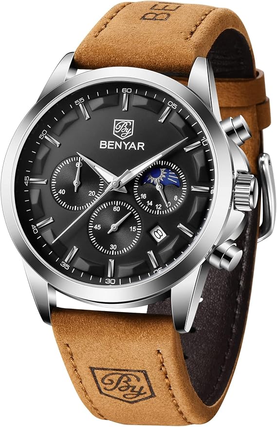 BENYAR Men's Watch Waterproof Chronograph Luminous Classic Watches Leather Strap Large Dial Date Analogue and Anti-Scratch Elegant Gift (Black Black)