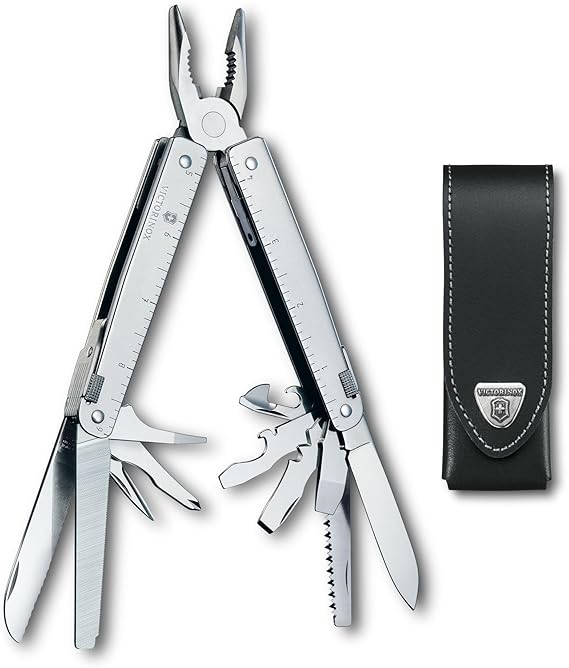 Victorinox Swiss Tool 26-Function Multi-Tool with Leather Pouch - Silver | Compact Swiss Army pocket tool with wire cutter and metal saw. Durable stainless steel design for extreme functionality.