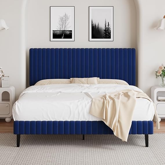 BarnFurin Full Upholstered Bed Frame, Adjustable Headboard, Blue