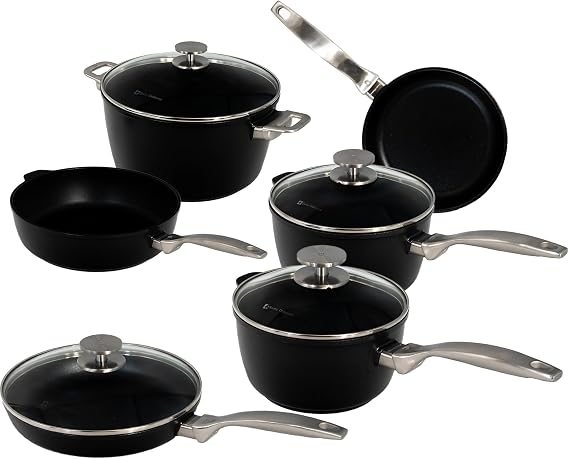 Swiss Diamond Pots and Pans Set Non Stick, Nonstick Hybrid Ceramic and Diamond-Infused, Glass Lids, Dou Ceramic Gourmet Cookware Set, Dishwasher & Oven Safe Up To 500 F, 10 Pieces