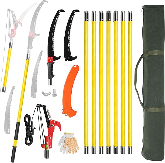 24ft Lightweight Tree Trimmers Long Handle Pruner Set,Manual Pole Saws,Sharp Steel Blade and Scissors Pole Saw,Gardening Tools Pruner Set,with Carry Bag,for Pruning Palms Trees and Shrubs (Yellow)