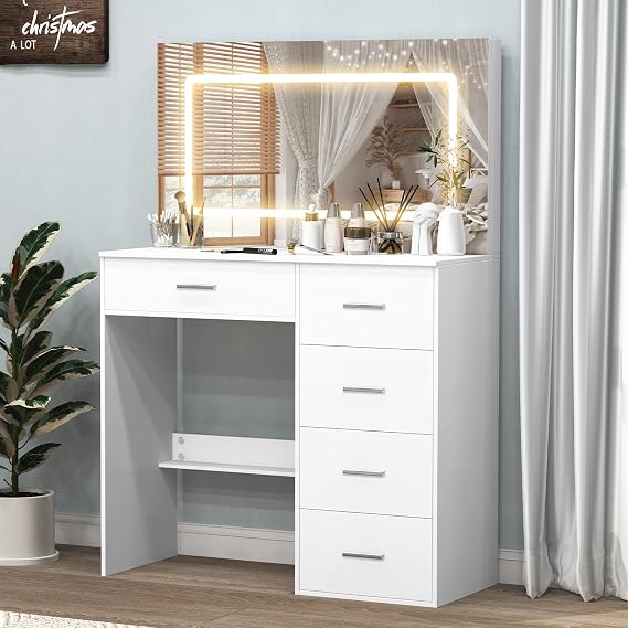 White Vanity Desk with LED Lighted Mirror, Makeup Vanity Table with 5 Drawers, 3 Lighting Modes & Adjustable Brightness, Modern Dressing Table for Bedroom, 31.5" L x 14.2" W x 51.2" H