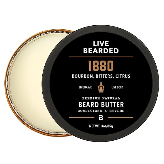 Live Bearded Beard Butter, 1880, Bourbon, Bitters, Citrus, 3 fl oz | All-Natural Leave-in Conditioner with Shea, Made in USA, Light/Medium Hold, Moisturizes and Softens Beard Daily