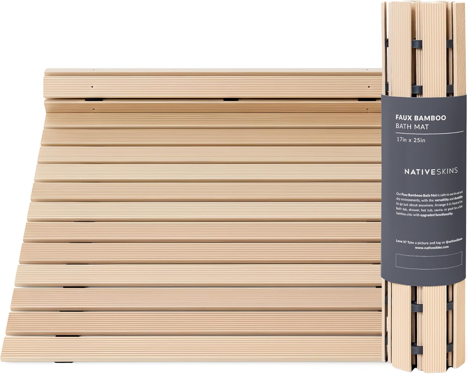 NativeSkins Faux Bamboo Shower Mat (Beige), Non-Slip Safety Lining, Waterproof, Quick-Drying, Eco-Style Slatted Bath Mat for Spa, Sauna - Large 16.9 x 30.7 in