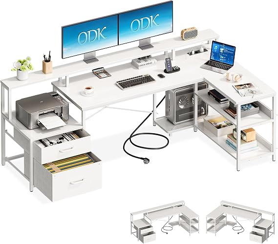 ODK Schreibtisch mit Schubladen Reversibel Schreibtisch Eckschreibtisch Groß mit LED Schreibtisch L Form mit Steckdosenleiste Weiß 172.5×100cm Desk with Socket & USB in L-Shape Gaming Table with Monitor Shelf Reversible for Home Office & Living Room