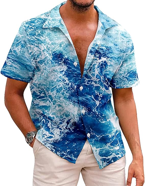Mens Hawaiian Shirt Short Sleeve Button Down Tropical Summer Beach V Neck Cool Shirts