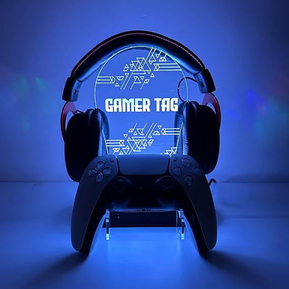 Customizable Gamer RGB Holder Stand for Headphones & Consoles, Headset Stand Accessories for Desk Gamers, Gaming RGB Headphone Organizer, Gamer Tag Lighted up Gamer Gift, 16 Light Modes 3D LED Lights