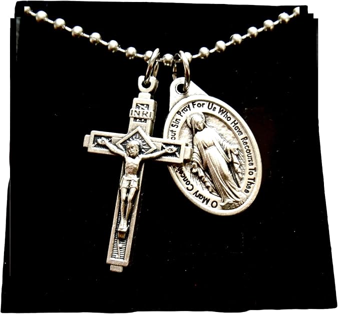 Mens Cross and Miraculous Medal Necklace, 30 Inch | Stainless Steel Ball Chain, Crucifix Measures 1.25"
