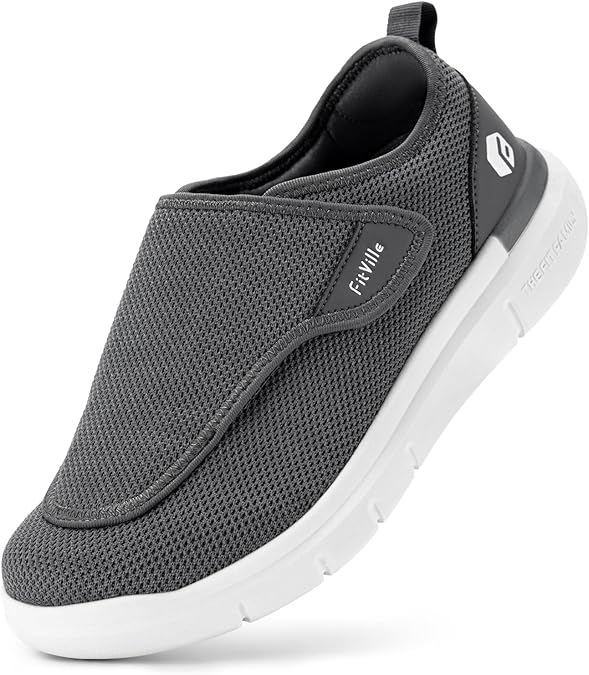 FitVille Mens Extra Wide Fit Diabetic Shoes Easy Slip On Adjustable Orthopedic Slippers for Swollen Feet Elderly Lightweight Walking Shoe