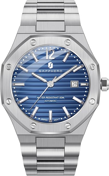 SAPPHERO Men's Watch Octagonal Stainless Steel 50M Waterproof Luminous Wristwatch Luxury Analog Quartz Watch for Men with Date Elegant Mens