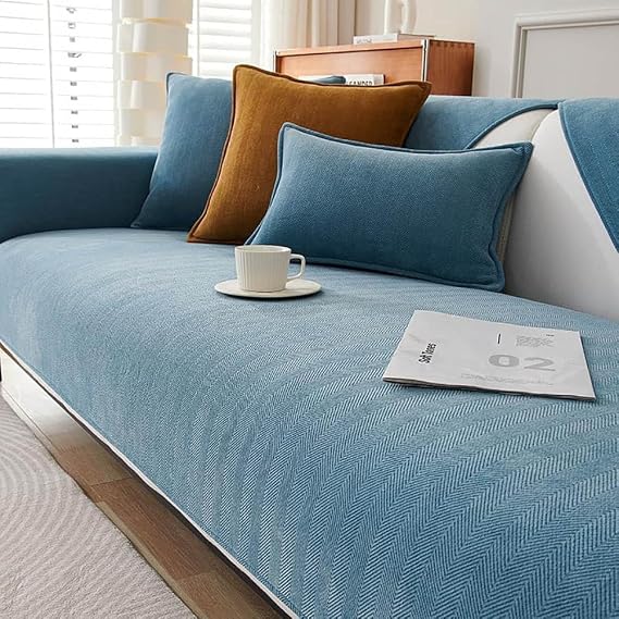Herringbone Chenille Fabric Furniture Protector Couch Cover, Natural Linen Handwoven Non Slip Couch Cover, Garden Chic Protective Couch Cover, Waterproof Pet Bed Cover (35.4*82.68 in, Lake Blue)