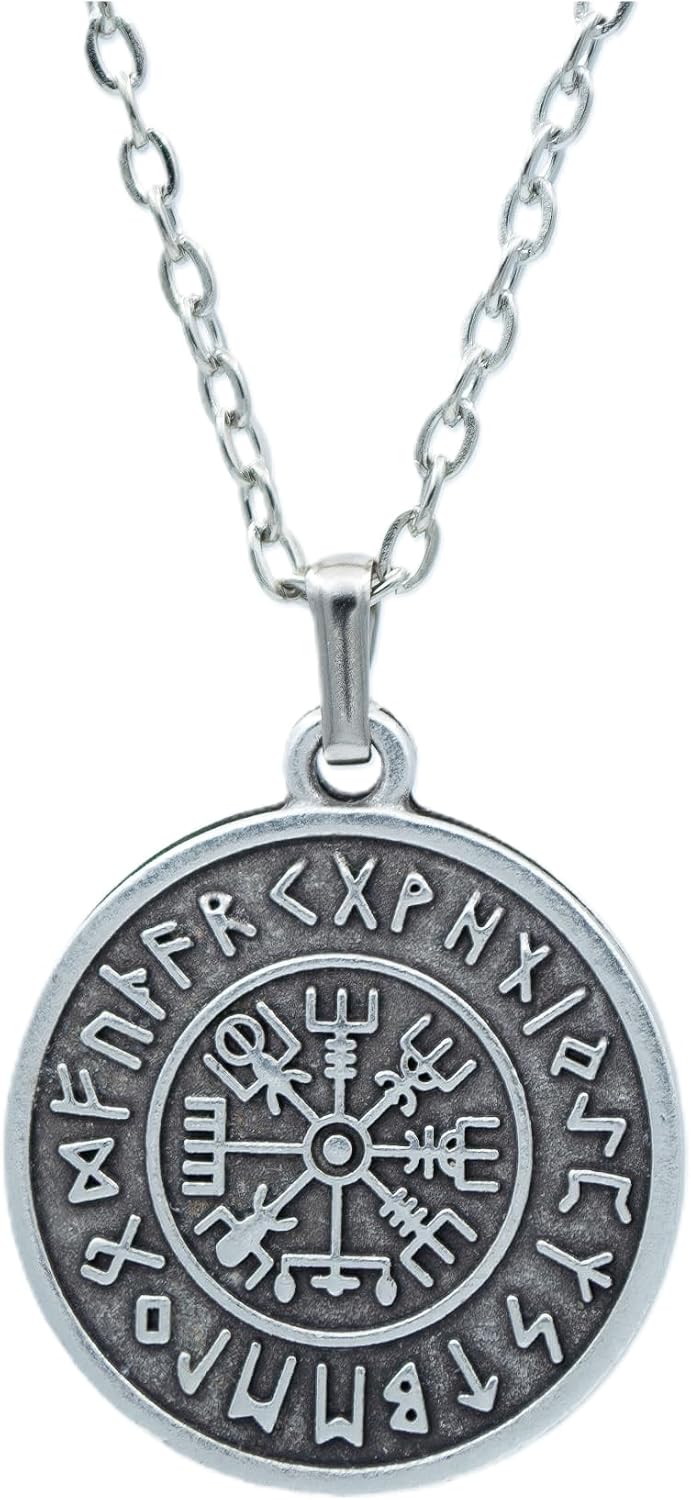 This Different Viking Compass Medallion Chain Necklace - Silver Plated - Mens Womens Necklace
