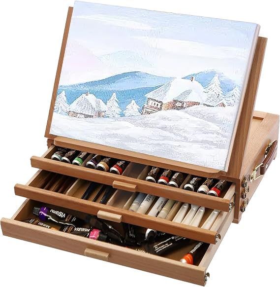 Large Adjustable Artist Tabletop Sketchbox Easel, Multi-Function Solid Beech Wood Storage Box Easel with 3-Drawer for Artist, Art Students & Beginners