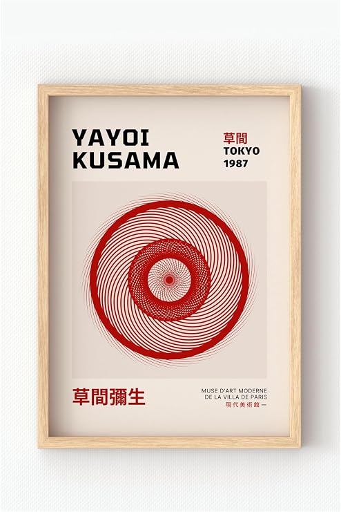 Ahşap Çerçeveli Yayoi Kusama “Tokyo 1987” Poster – Modern Japon Sanatı Duvar Tablosu Kırmızı 10 x 15