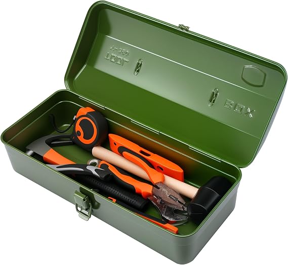 Portable Green Metal Tool Box with Lock, 14-Inch Heavy-Duty Storage Chest for Tools,  , Ideal for Garage, Jobsite, Mechanic Use, Waterproof &