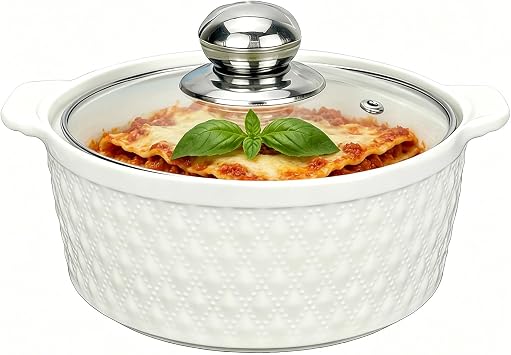 Casserole Dish with Lid, Ceramic Casserole Dish for Oven, 1.25 Quart White Baking Dish, Emboss 8 ramekins with lids