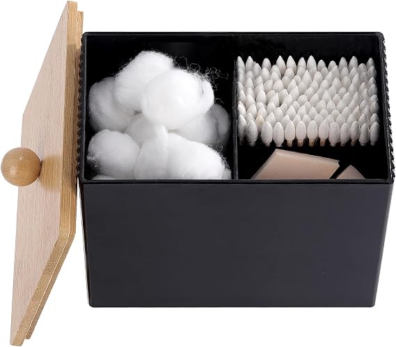 Qtip Holder with Bamboo Lids, 3 Compartments Cotton Ball/Swabs Dispenser, Apothecary Jar Plastic Container for Storage and Organizer (Black)