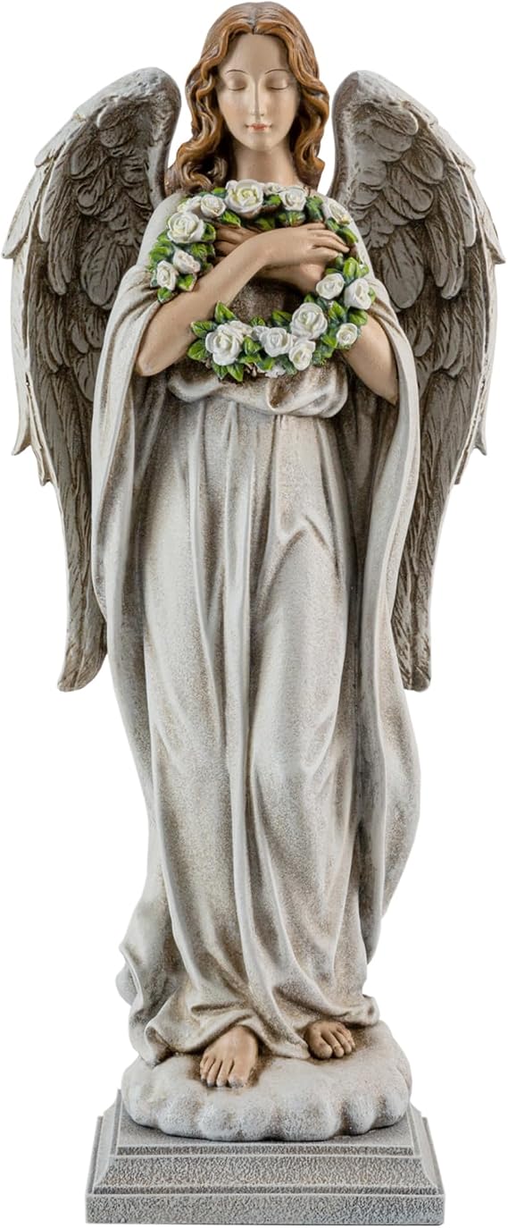 Garden Angel with Flower Wreath Statue - 16" Outdoor Memorial Angel Decor