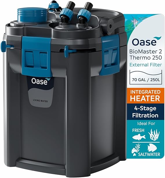 OASE BioMaster 2 Thermo 250 Canister Filter for Aquariums External Aquarium Filter with Built-in Heater EasyClean Pre-Filter, Quiet Operation Freshwater & Saltwater, Up to 70 Gallons