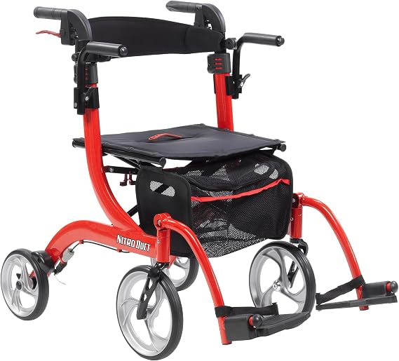 Drive Medical Nitro Duet Dual Function Rollator, Transport Wheelchair, Red | Dual Function Rollator and Transport Wheelchair Featuring Hand Brakes and Back Support for Ease Daily for Everyday Use