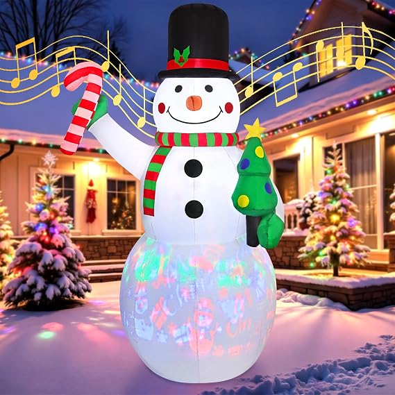 Weldomcor 7FT Christmas Inflatable Snowman with Music Box & Rotating Led Lights, Xmas Inflatable Outdoor Decorations Holding Candy Cane-striped Sign, Blow Up Snowman for Indoor Yard Lawn Garden Decor