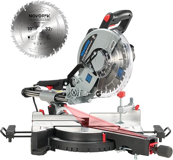NOVORIK Single Bevel Compound Sliding Miter Saw, Corded Miter Saw with Laser Guide & 15-Amp Heavy-Duty Motor, Speed of 4,000 rpm, Sliding Miter Saw with TCT Saw Blade for Woodworking (10")