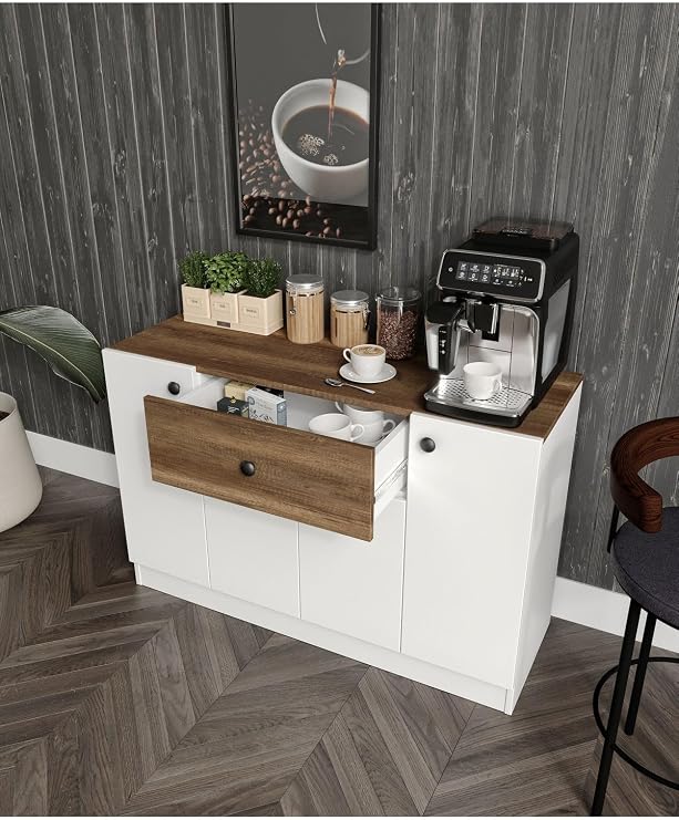 CABİNSE Cabinse 4 Kapaklı 1 Çekmeceli Çok Amaçlı Mutfak Dolabı - Kahve Köşesi%100 MDF Beyaz