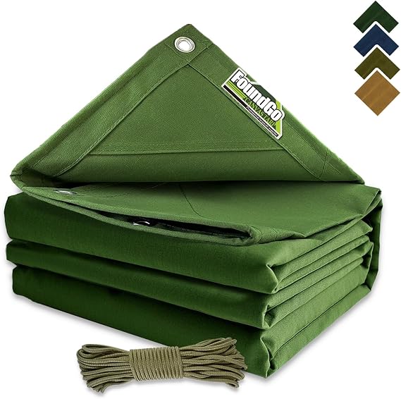 FoundGo Canvas Tarp 2x3m, 0.55mm/22 mil Canvas Tarpaulin Heavy Duty Water Resistant with Reinforced Grommets, Green Tarpaulin Cloth Covers for Car, Roof, Boat, Camp, Canopy with Ropes