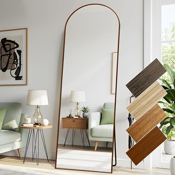 Anpark Arched 26x71 Inch Full Length Mirrors Aluminium Frame in Retro Reddish Brown Wood Looking Free Standing Floor Mirror Full Body Wall Mounted for Bedroom Living Room and Hallway
