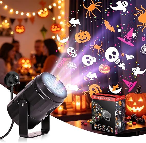 Halloween Projector with 16 Dynamic Ghost Lighting Effects, Halloween Decorations Projector Lights, Mains Powered Ghost Lights Waterproof for Outdoors & Indoors Home Garden Window, UK Plug