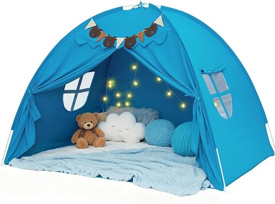 Full Size Bed Tent for Kids, Bed Tent Canopy Dream Playhouse Privacy Space Sleeping Tent with Stars Light & Flags, Toddler Large Floor Play Tent for Boy & Girl, Birthday Childrens Gift, Blue