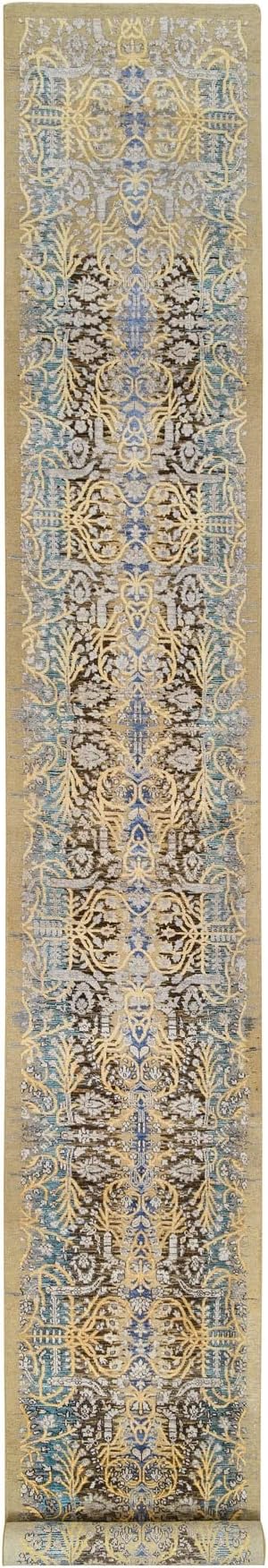 Gold Brown Hand Knotted Transitional Sarouk Silk with Textured Wool XL Runner Oriental Rug (2'6"x18')