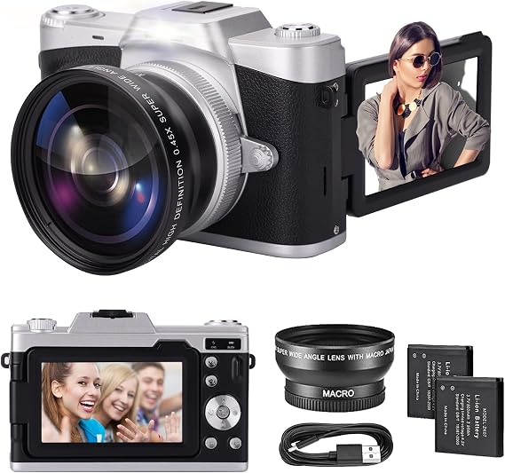 4K Digital Camera with Wide-Angle & Macro Lens | Flip Screen, 16X Digital Zoom Compact Point and Shoot Camera for teens, Beginners, Vlogging Camera with 2 Batteries