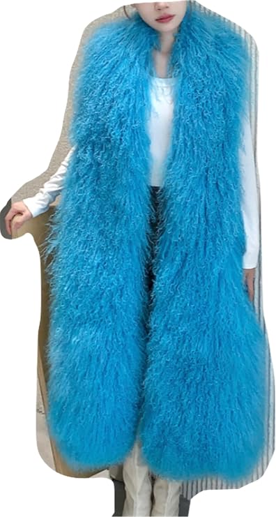 FURINFASHION JR-09 Women's Long Color Vest With Fluffy Mongolian Lamb Fur Coat Sexy Luxury Jacket (3XL, Blue)