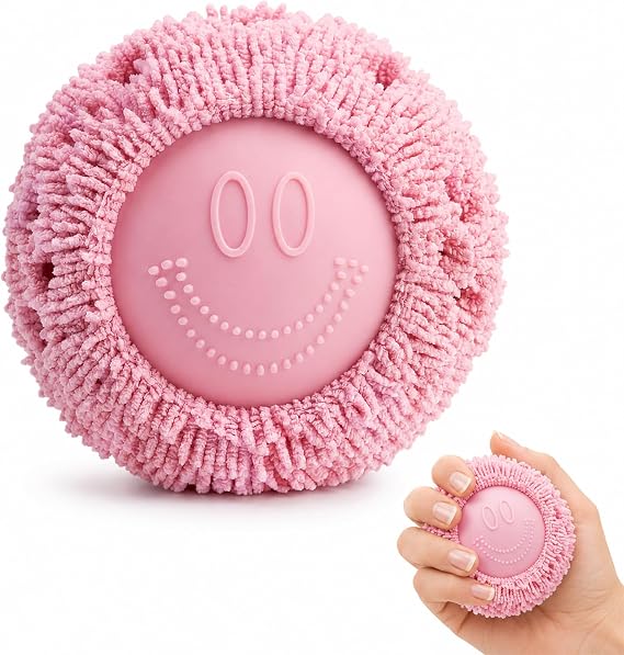 Fuzz Ball, Fuzzball Stress Relief Squeeze, Fuzz Ball Squishy for Office and Study Focus, Portable Handheld Pressure Ball for Anxiety Relief and Relaxation, 6.5 Centimeter Pink Smiley Design