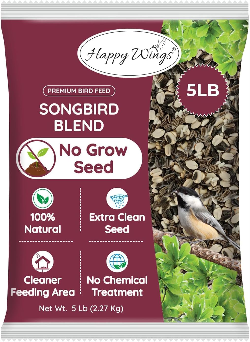 Songbird Blend Bird Food, Mix of Sunflower SeedsKernels, Safflower Seeds and Peanuts, 5 Pounds | No Grow Seed | Bird Seed for Wild Birds
