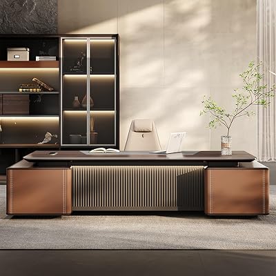 Brown Executive Office Desk,Wood L Shaped Computer Desk with Lateral Cabinet, Study Writing Table Business Furniture Set for CEO Boss