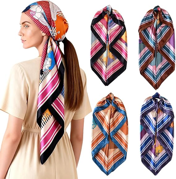 4Pcs Silk Head Scarves for Women Satin Hair Scarf 35Large Square Bandana Silk Like Neck Scarf Shawl