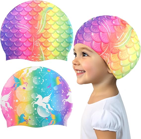 2 Pack Kids Swim Caps,Silicone Swim Caps for Kids Girls,Waterproof Swimming Caps,Mermaid Unicorn Swimming Hats,Non Slip Bathing Cap for Long and Short Hair,Keep Hair Dry
