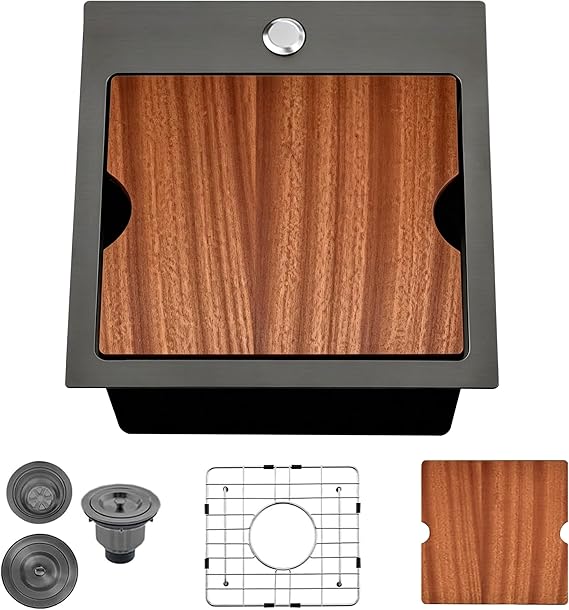 Black Bar Sink Drop In-15x15 Inch Kitchen Sink Stainless Steel Square Small Topmount Workstation Sinks,Single Bowl Kitchen Sinks for Office Laundry Wet Bar Prep RV Outdoor Yard