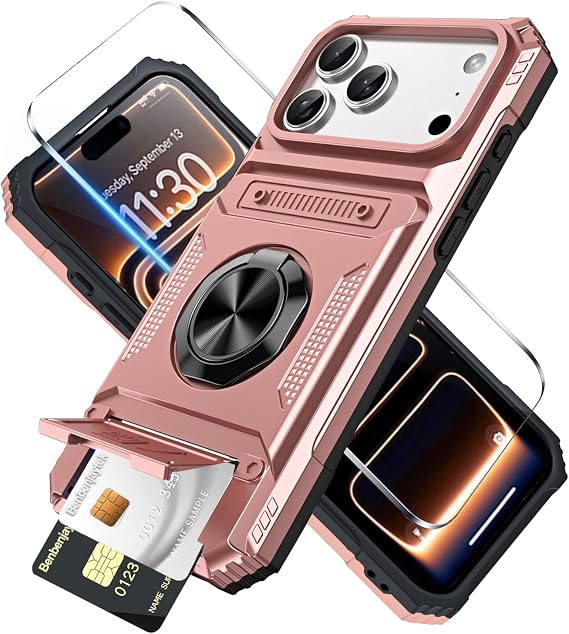 iPhone 17 Pro用ウォレットケース カードホルダー付き + スクリーンプロテクター1枚 カード2枚 & 360°リングキックスタンド ミリタリーグレード 落下 耐衝撃 頑丈なケース iPhone 17 Pro 6.3インチ用 ローズゴールド