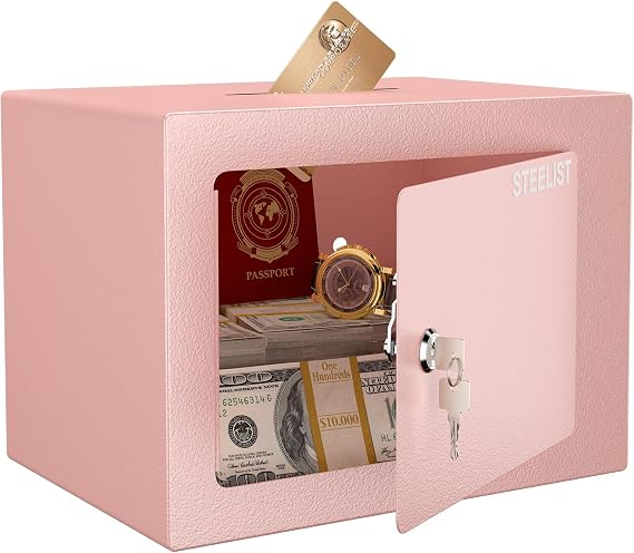 Safe with Key, Pink Kids Safe for Money, 0.23 Cu Ft Mini Safes with Coin Slot, Cash Storage for Home, Office, School, Security Box for Money, Cash, Coin, Ideal Gift for Kids